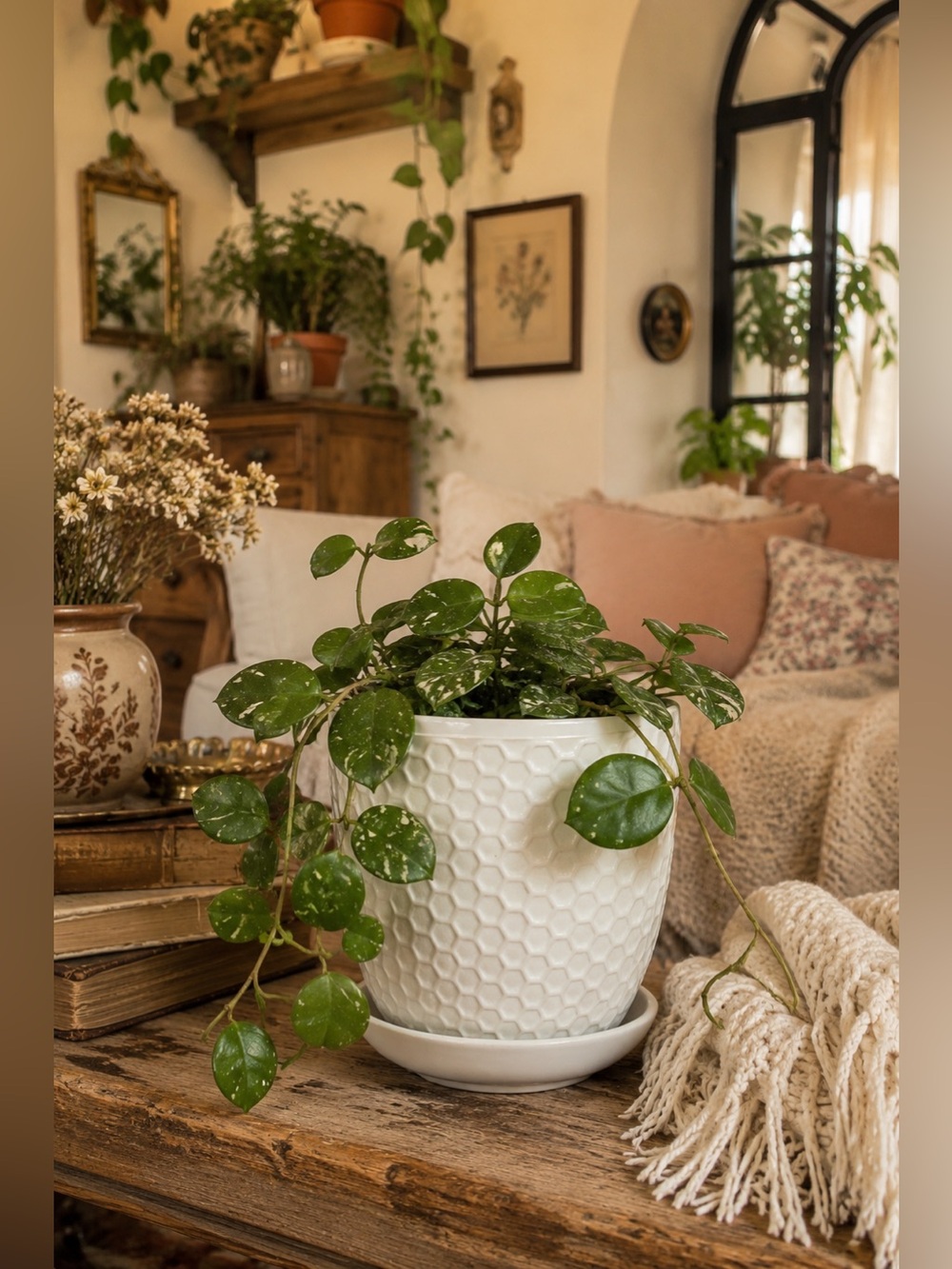 White Ceramic Planter with Saucer, Honeycomb Textured Plant Pot 5 Inch